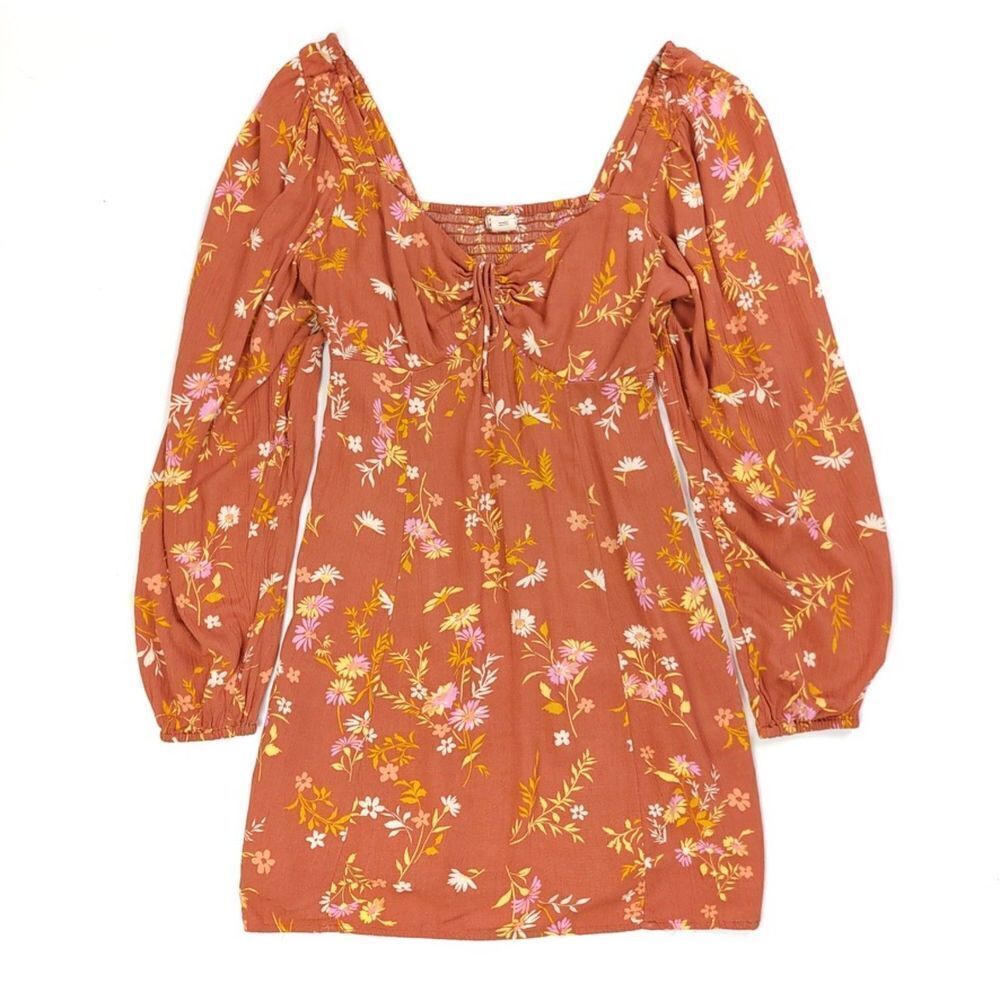 BILLABONG Crush On You Blouson Sleeve Babydoll Mini Dress in Rust Floral Small